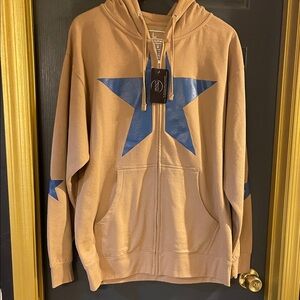 Tan Hoodie with Blue Star Design